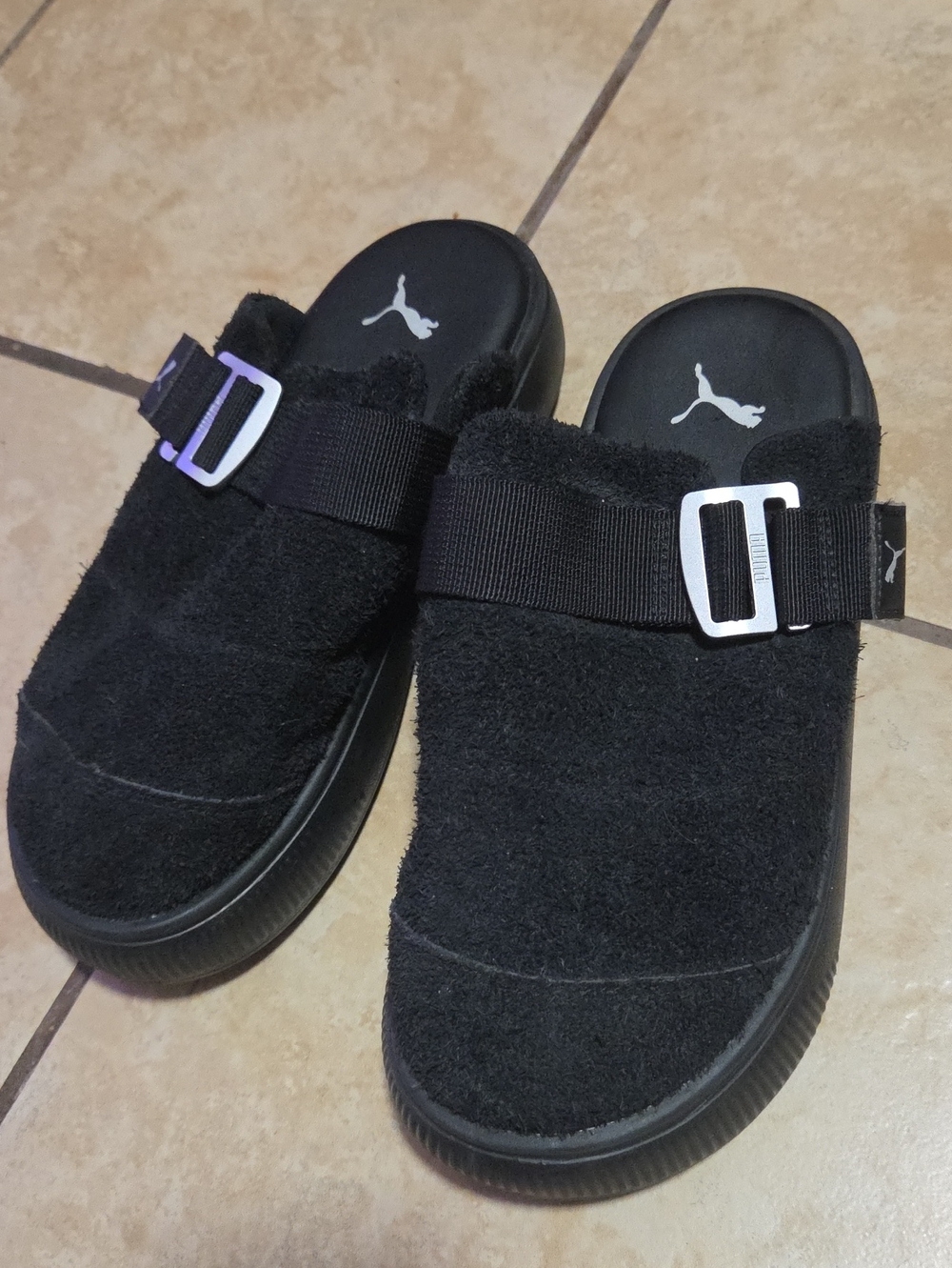 PUMA WOMENS SLIDES SLIPPERS SANDALS MULES BLACK PLATFORM SUEDE SIZE 9